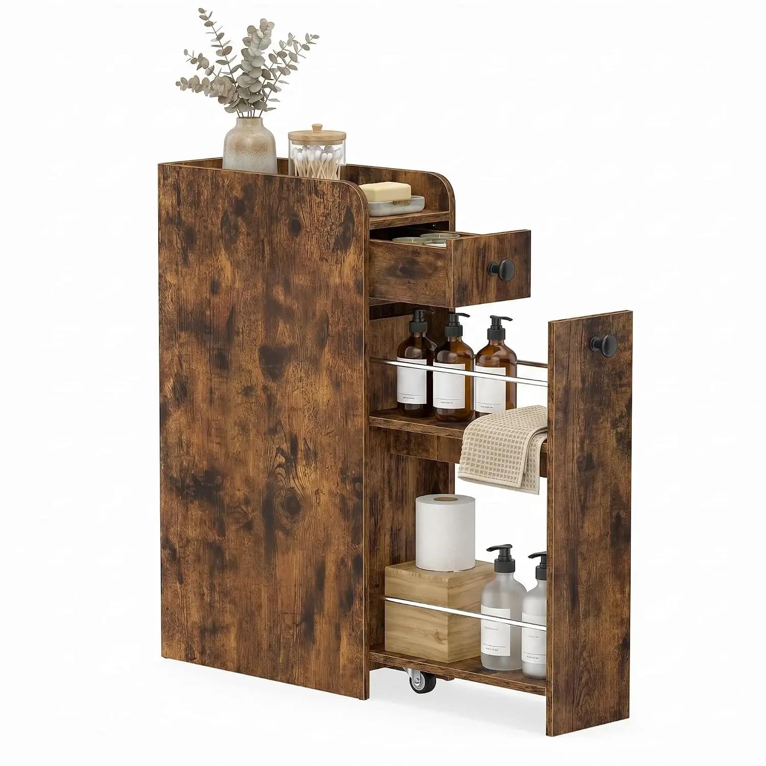 Slim Bathroom Cabinet, 7" Wide Space-Saving Storage with 2-Tier Slide-Out Drawer, Shelf & Toilet Paper Holder,, Customized