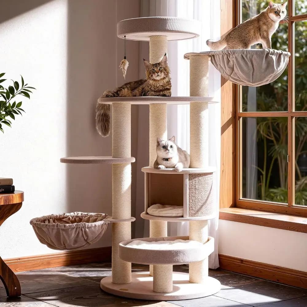 XXL Sturdy Luxury Cat Tree Tower for Large Cats, 65 Tall with Hammock, Sisal Post, Condo, Beige