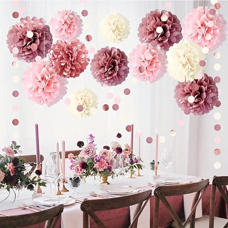 15 pezzi, fiori di pompon in tessuto rosa cipria rosa cipria per matrimonio, addio al nubilato, doccia, dolce compleanno, fidanzamento