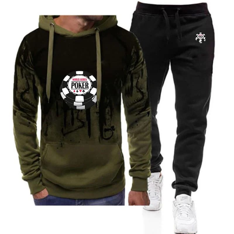 Completo da uomo con logo stampato della World Series of Poker Primavera-Autunno 2026, felpa con cappuccio e pantaloni sportivi da esterno, stile High Street, popolare