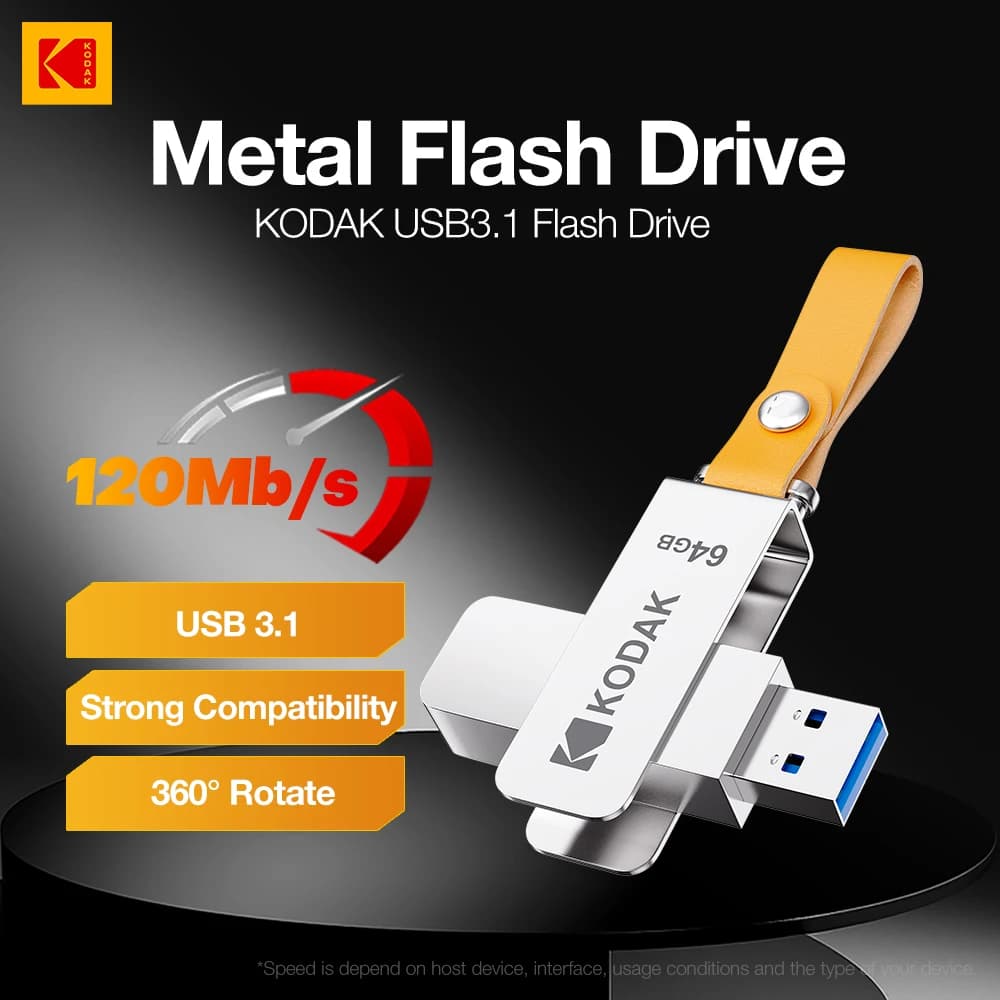 Kodak K133 Chiavetta USB 3.1 64 GB 128 GB 256 GB 512 GB Velocità di lettura 120 MB/s Corpo in metallo Fascia in pelle USB3.1 Pen Drive per PC e HD-TV
