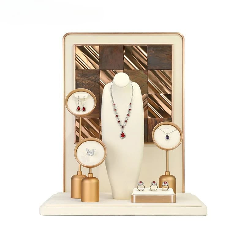 Espositore per gioielli di lusso leggero, in microfibra beige, per collane, orecchini e anelli, espositore di alta gamma per gioielli.