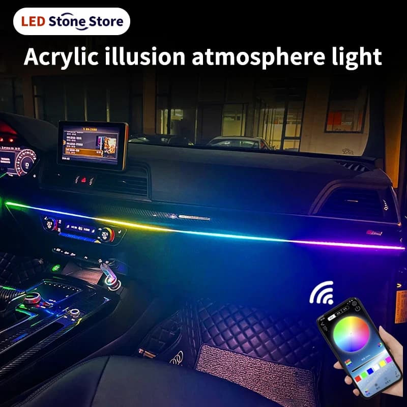 Striscia luminosa a LED colorata in acrilico per interni auto, luce ambientale fredda, senza cablaggio, decorazione auto, controllo sonoro, centro di controllo musicale.