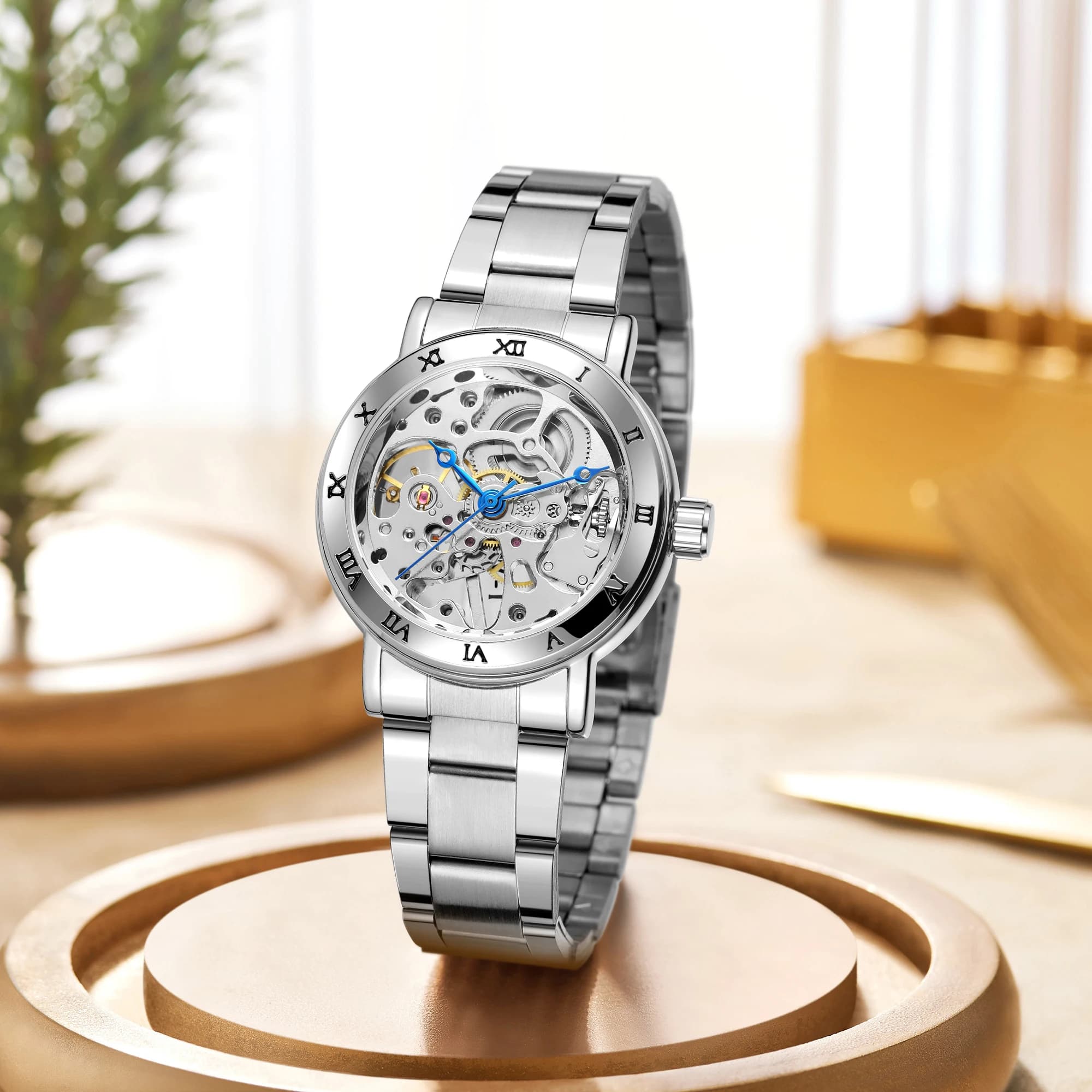 WINNER Orologio Meccanico da Donna Elegante e di Lusso, Marca di Moda, Design Scheletrato, Cinturino in Acciaio Inossidabile, Unisex