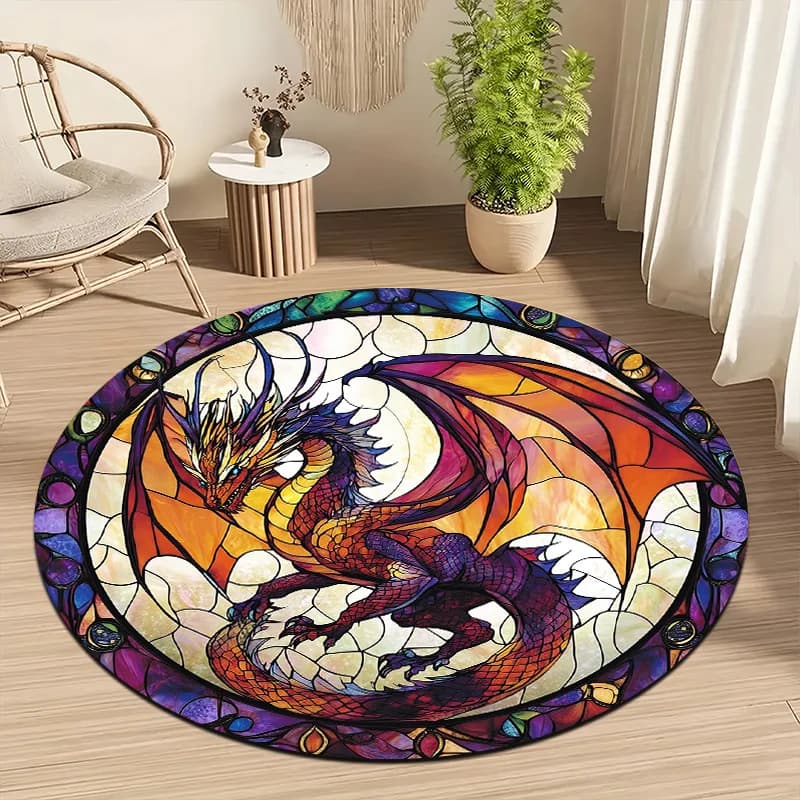 Tappetino rotondo stile vetro colorato da 1 pezzo - Tappetino antiscivolo lavabile in lavatrice con design a drago vibrante, poliestere leggero, perfetto per