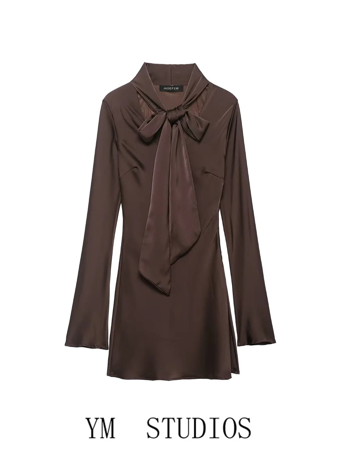 Elegant Long Sleeve Silk Satin Wrap Dress with Scarf Neck Design Waist Cinching Short Skirt for Women Fashionable Business Ca...