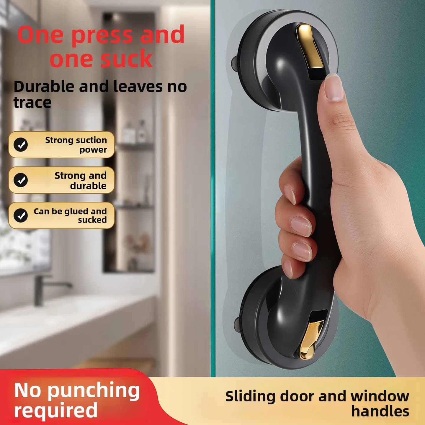 1 piece suction glass door handle - Bathroom sliding door handle without damage, no drill, for cabinets, cabinets, refrigerators