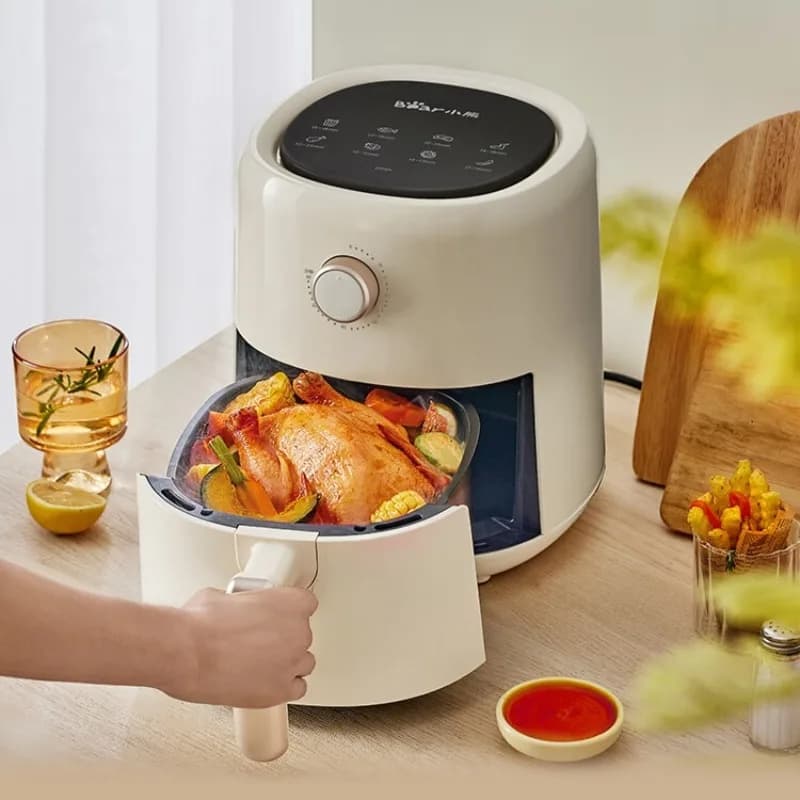 Bear fully automatic air fryer with micro-steam function and no-flip baking, all-in-one household appliance.
