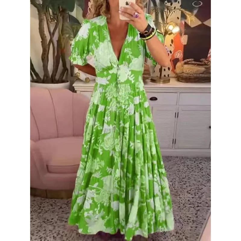Elegant Large Size Floral Print V-Neck Dress Women's Holiday Beach Vacation Skirt High Elasticity Casual Sweet Style Cotton B...