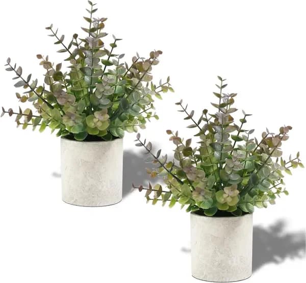 Set of 2 Small Artificial Eucalyptus Plants in Vase for Home Interior
