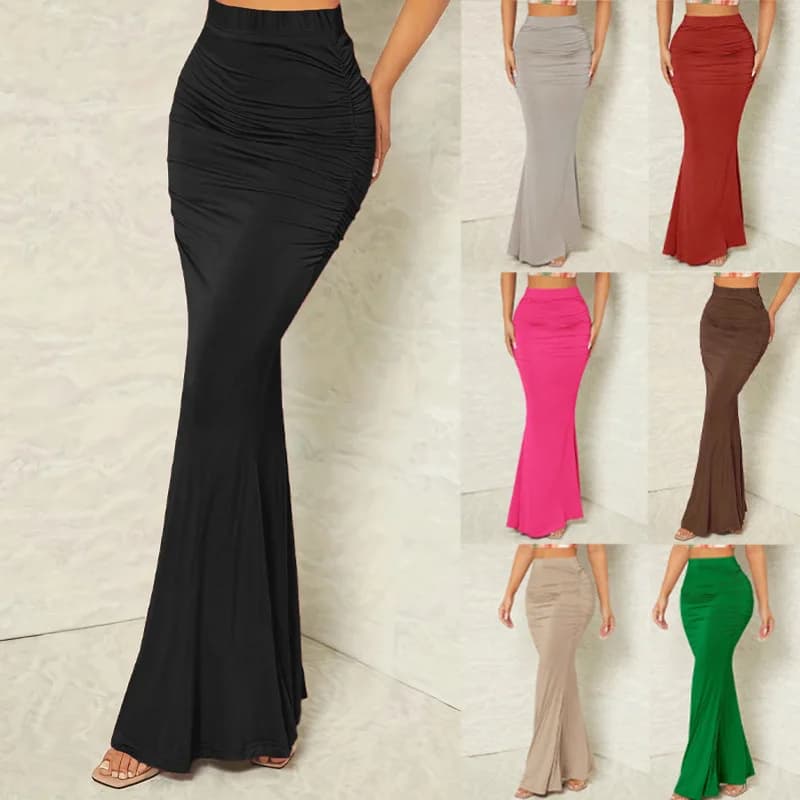 Gonna lunga a sirena elasticizzata nera da donna, elegante e sexy, a vita alta, con drappeggio, per l'estate e lo streetwear