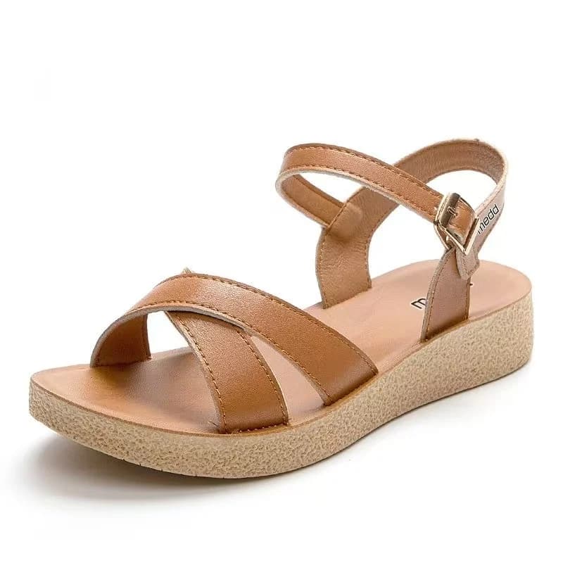 Women Leather One Word Flat sole Sandals Summer New Soft sole Non Slip Middle Ages And Elderly Women Velcro Casual Sandals