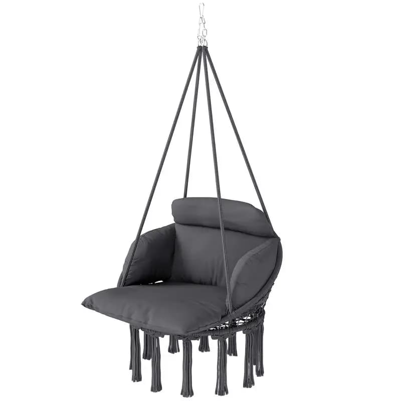 Hammock Swing Chair, Macrame Hanging Chair with Large Cushion, Chain, Steel Frame for Indoor Outdoor Use, Dark Gray