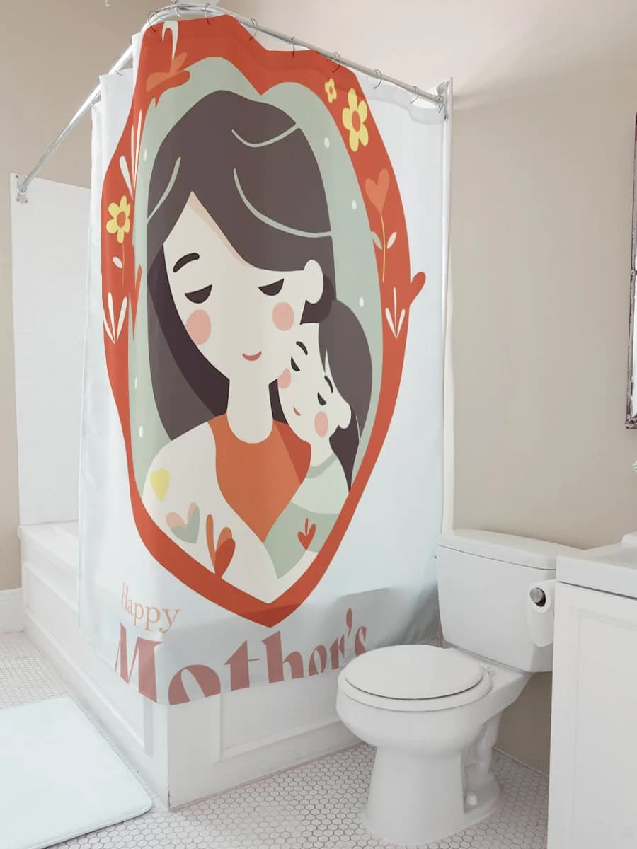 Tenda da doccia per mamma e bambino felice per la festa della mamma