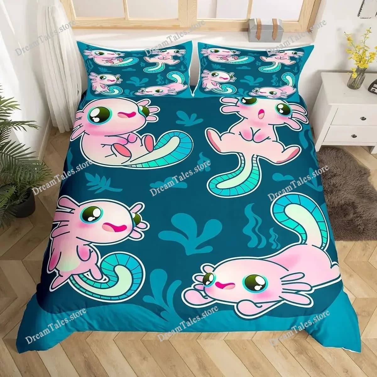 Cartoon Axolotl Cute Sea Animal Reptile Bedding Set Boys Girls Twin Queen Size Duvet Cover Pillowcase Bed Kids Adult Luxury Gift
