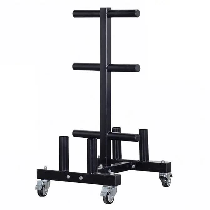 Storage rack for barbells with vertical plate holder for gym equipment