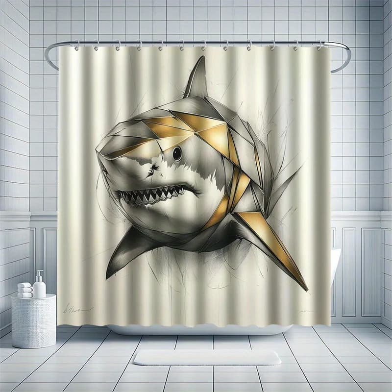 Set tenda da doccia Armor White Shark - Paraspruzzi, sfondo bianco, include 12 ganci, poliestere, arredamento moderno per il bagno