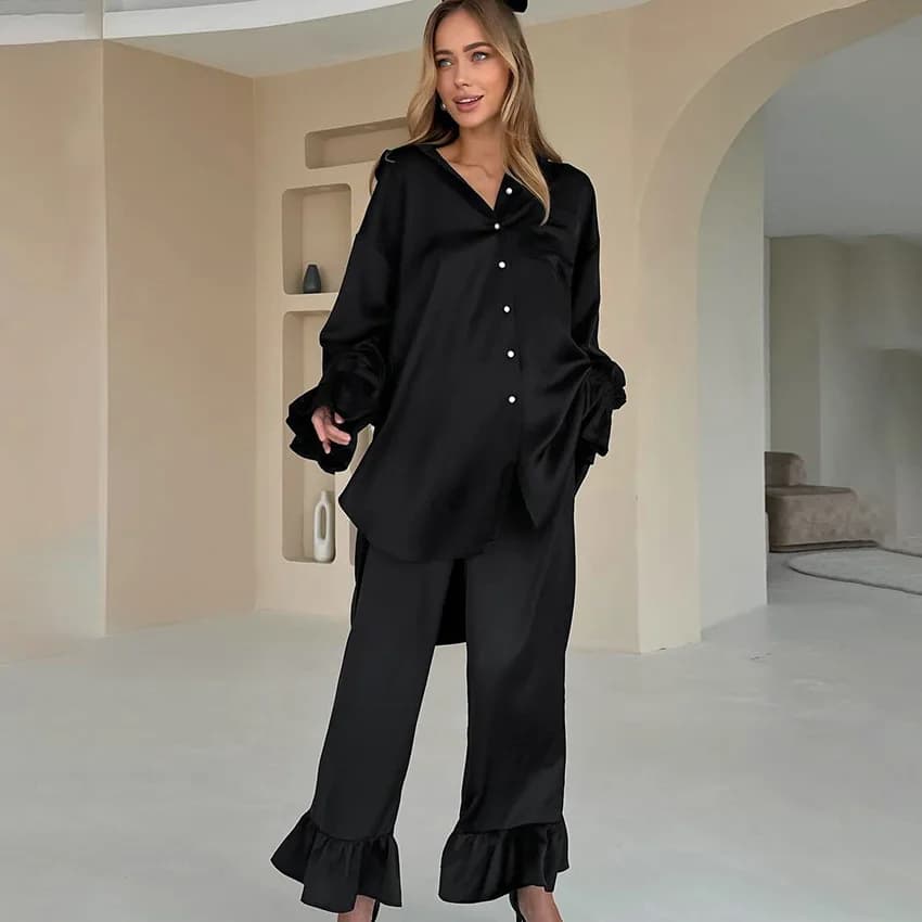 Women's Ruffle Cuff Long Sleeve Pajama Set New Cardigan Sleepwear Pants Loose Comfortable Loungewear Spring/autumn