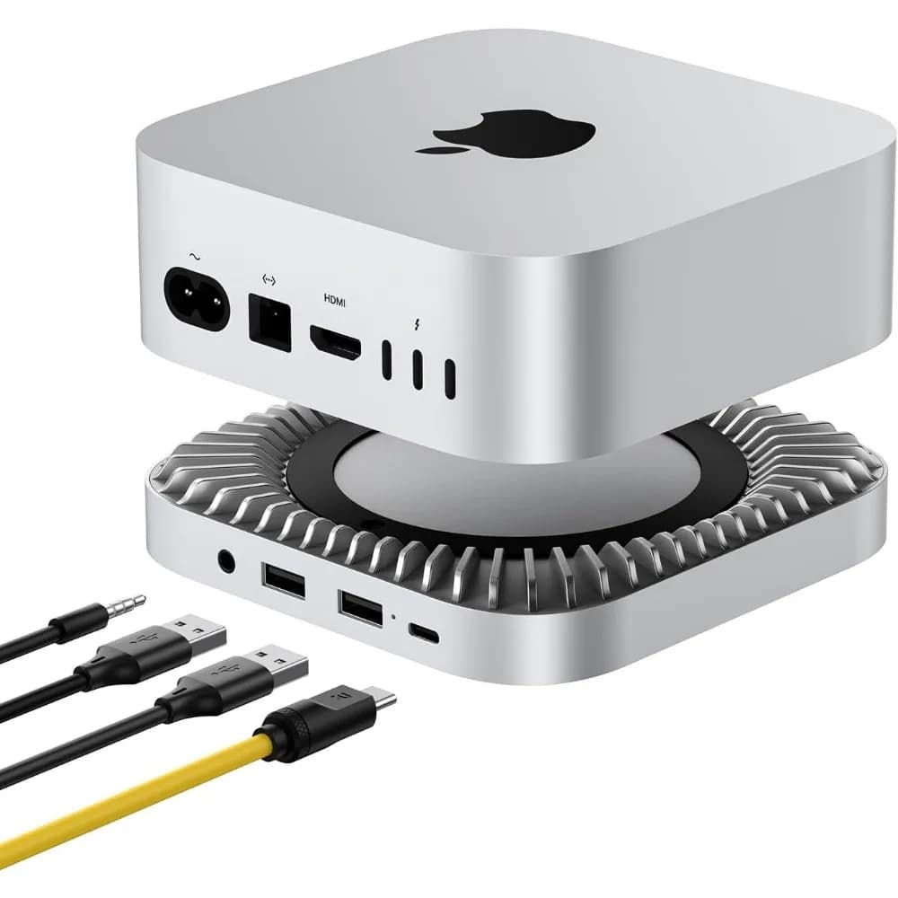 40 Gbps aluminum hub and support for Mac Mini with NVMe SSD housing, USB ports, audio jack