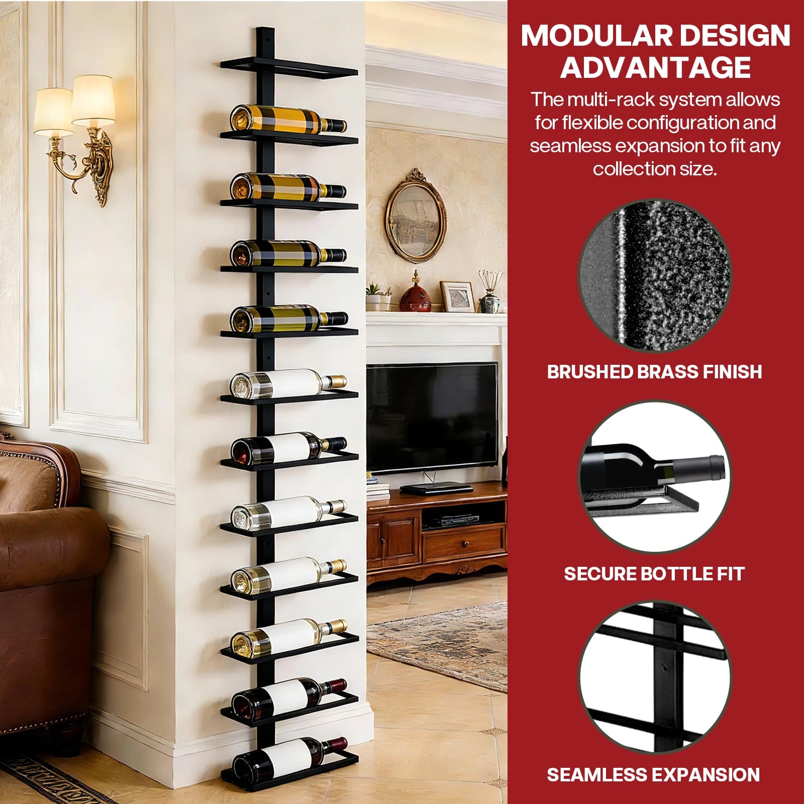 Set di 5 Portabottiglie in Metallo da 59 Pollici, Espositore per 60 Bottiglie, per Casa, Ristorante, Bar Commerciale, Cucina