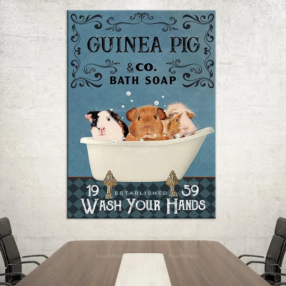 Poster del bagno con sapone da bagno Guinea Pig Co, lava le mani, regalo per la decorazione della parete del bagno Guinea Pig, stampa artistica del bagno, cartello del bagno