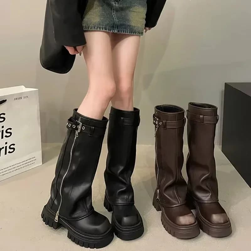 Stivali da motociclista da donna invernali Stivaletti da donna eleganti con fibbia per cintura alla moda Stivaletti alti al ginocchio da donna casual con plateau lungo