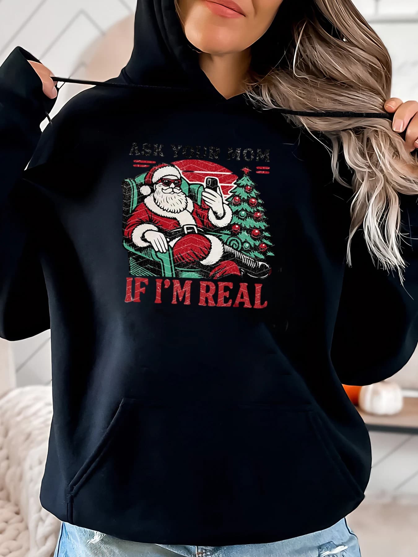 Santa Claus Taking Selfie Ask your mom if they are real Women's Christmas Hoodies Casual Holiday Clothing Black Plus Sizes