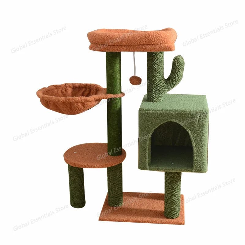 Albero per Gatti a Forma di Cactus per Interni, Rampa Tiragraffi in Sisal, Amaca Accogliente e Letto Superiore Rimovibile per Gattini, Verde
