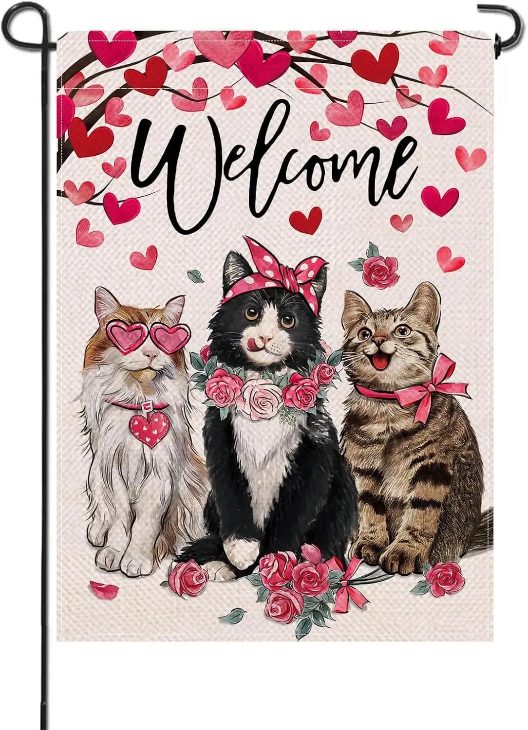Artofy Welcome Valentine’s Day Cat Small Decorative Garden Flag, Kitty Kitten Pink Red Love Heart Tree Rose Yard Lawn Outsid GGO