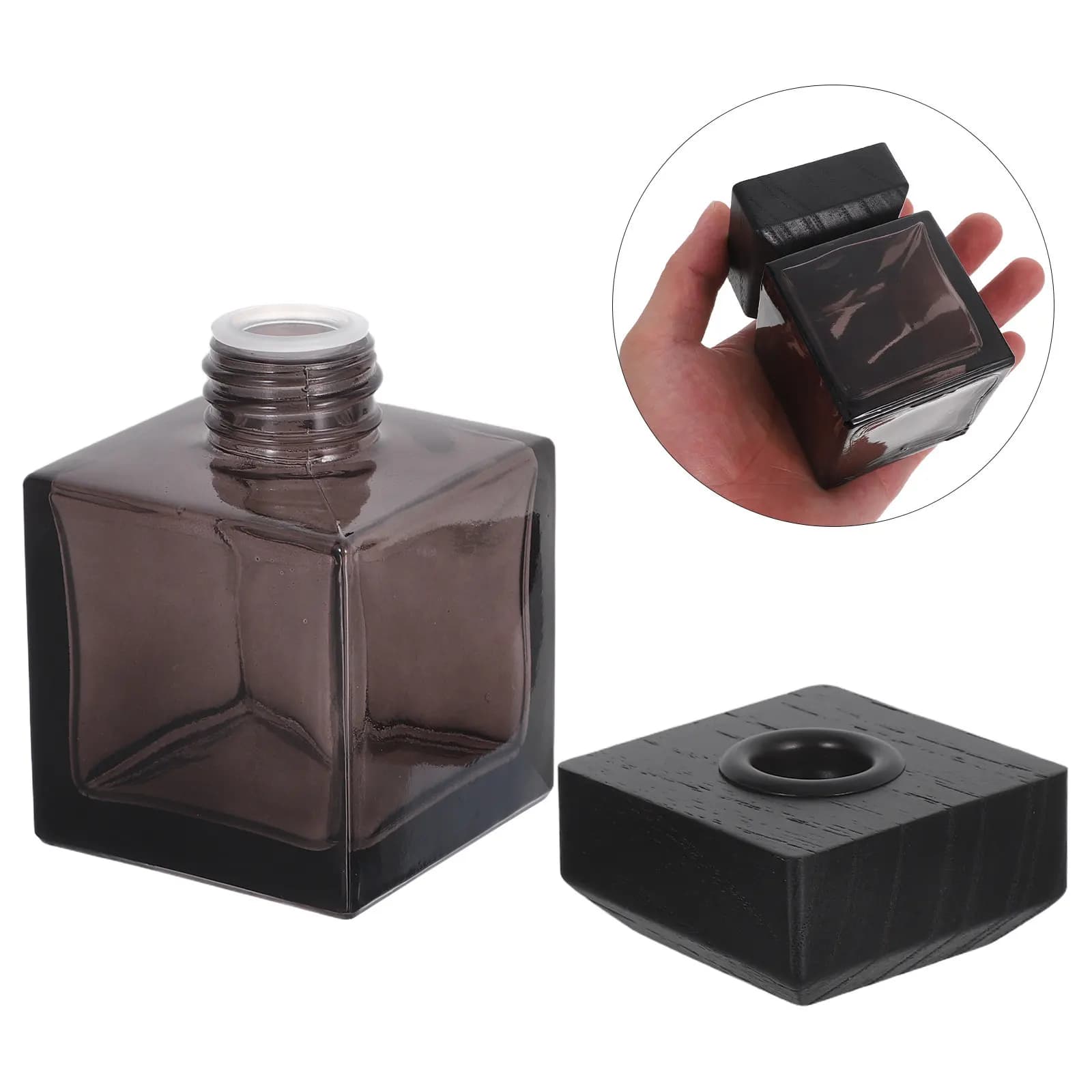 2Pcs 100Ml Glass Diffuser Bottles Square Design with Natural Wood Lid Refillable Essential Oil Diffuser for Bedroom Living Room