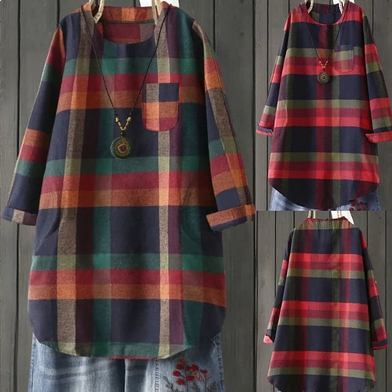 Long Sleeve Plaid Shirt Dress Casual Loose Midi Dresses Blouse Top Tunic Plus Size Matching Set