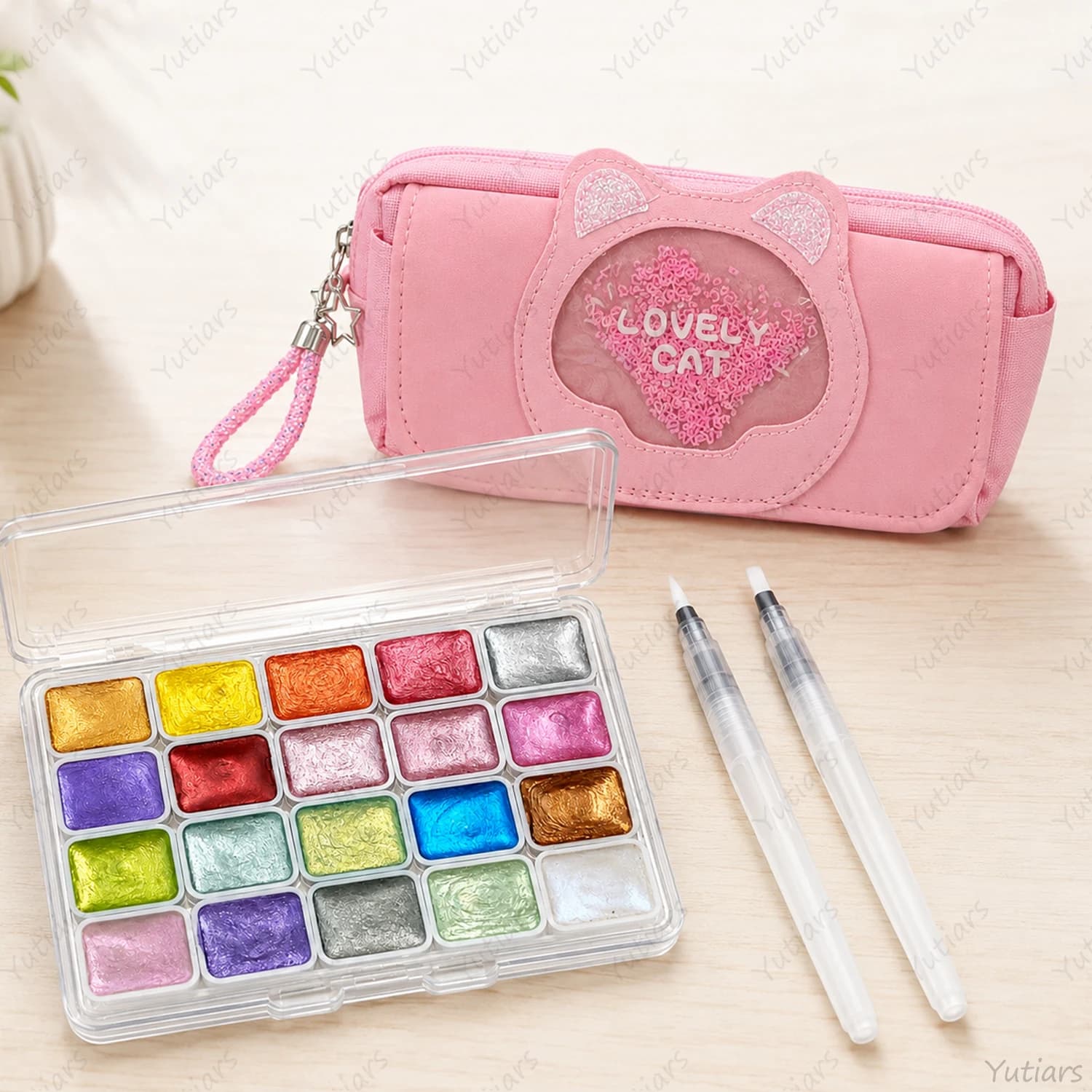 20 Color Pearlescent Watercolor Set with Cute Pink Cat Pencil Case and 2 Water Brushes for Travel Painting, Journaling and Art