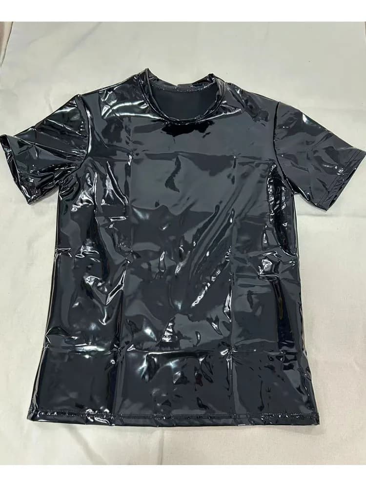T-shirt a maniche corte in PVC effetto bagnato S-5XL, T-shirt in pelle PU lucida, T-shirt elasticizzata aderente per Hip Hop, Top da palco per performance, Moto Biker