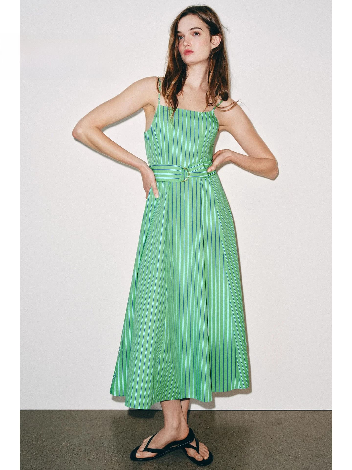 Early Autumn Vertical Striped Strap Dress Square Collar with Waist Belt A-Line Midi Skirt Casual City Commute Wear