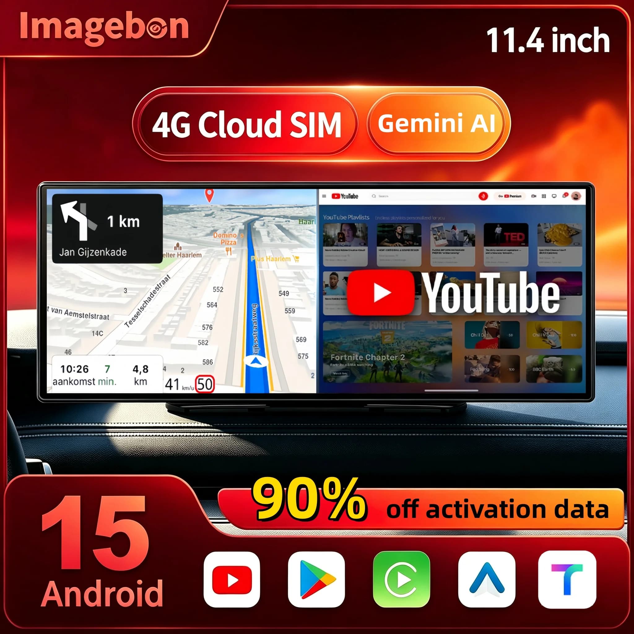 Imagebon M80 11.4" 4G ESIM LTE Android 15 8Core 3+32G Gemini AI Car Dashcam Carplay Android Auto 24h Remote Live DVR Recorder