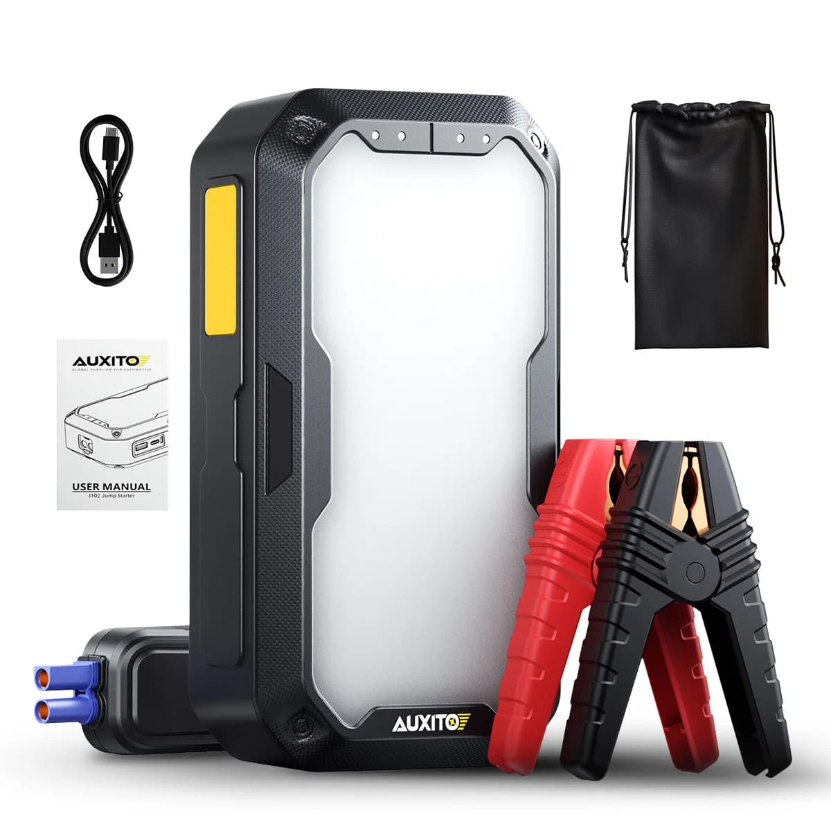 AUXITO 2500A Avviatore di emergenza per auto 12V Dispositivo di avviamento automatico Batteria di emergenza Avviatore Caricatore portatile Booster 2000LM Luce da campeggio