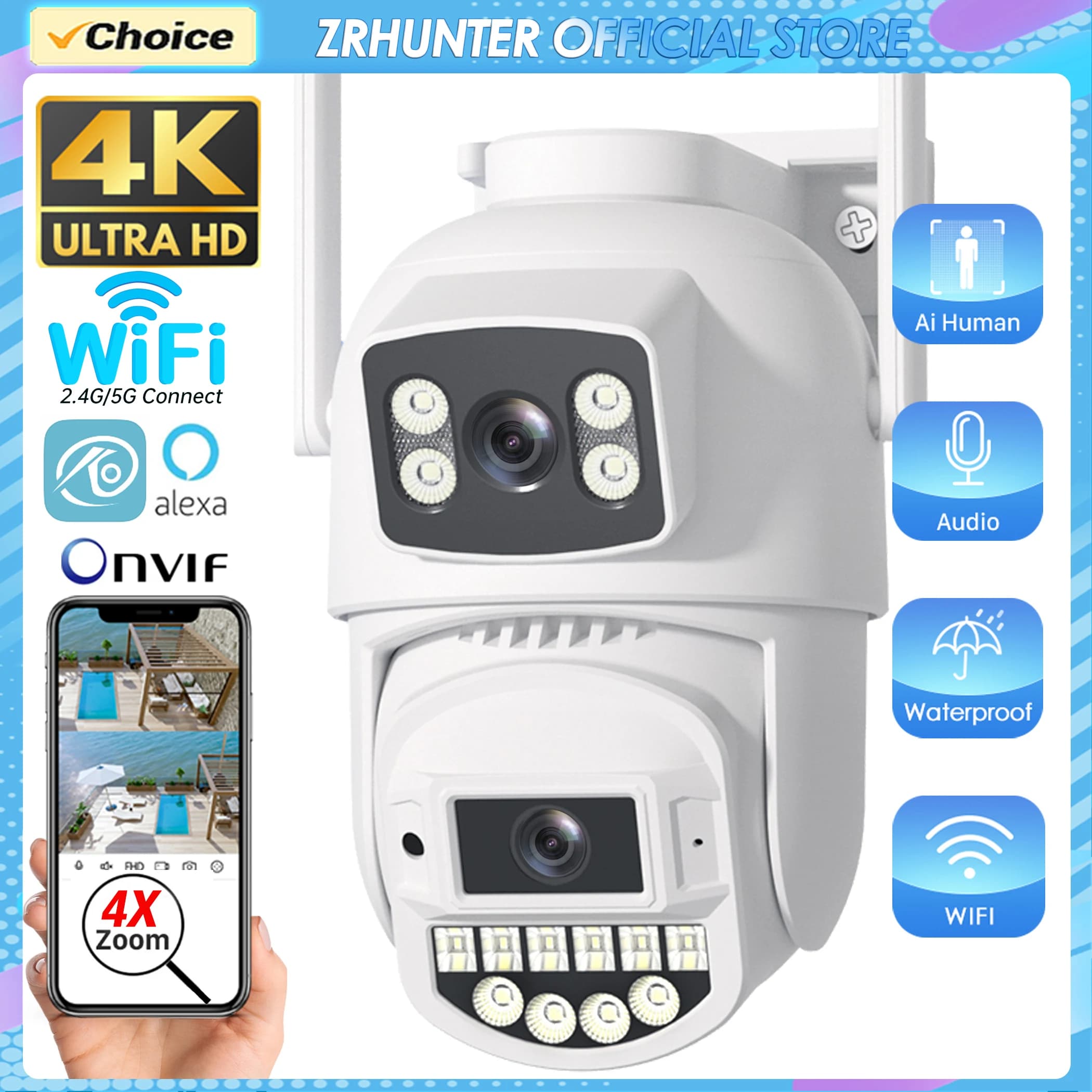 Telecamera IP Wifi 4K 10MP PTZ Doppia lente AI Rilevamento umano ONVIF 2.4G/5G WIFI Telecamere di sorveglianza CCTV Protezione di sicurezza O-Kam Pro