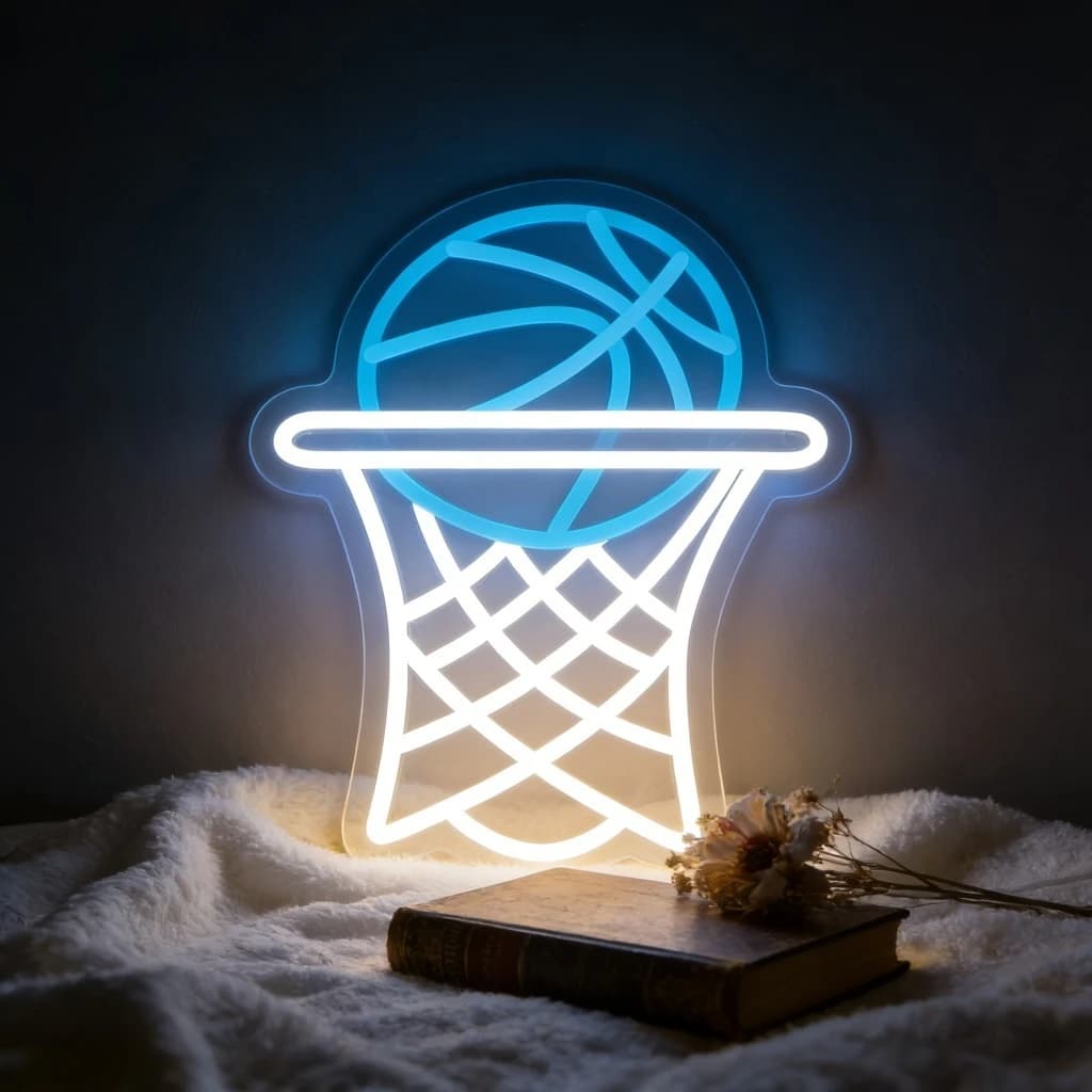 Insegna LED Neon Vintage Retrò a Tema Basket con Canestro e Palla, Decorazione da Parete per Camera da Letto, Casa, Bar, Feste, Illuminazione a Tema Sportivo Romantico