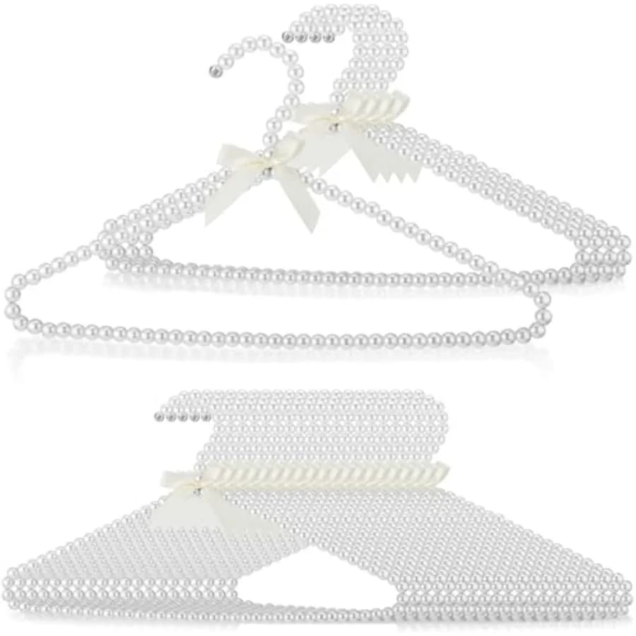 Set di 5 Appendiabiti Eleganti in Metallo da 16 Pollici con Perle e Fiocco in Nastro, per Abiti da Donna e da Sposa