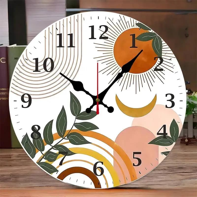 DIY 2D Flat Striped And Sun Moon Wooden Round Silent Hanging Wall Clock, Suitable For Living Room, Office,Study Room,Bedroom,Home Decoration