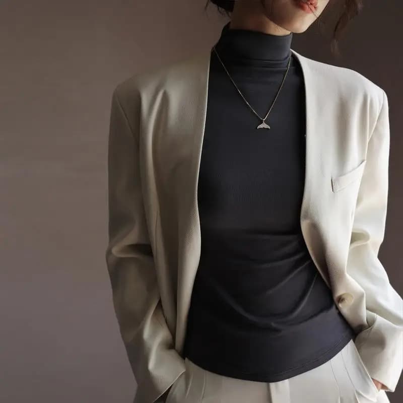 Maglia Interna Lunga da Donna con Collo Semi-Alto, Top Base Stile Commute, Blusa in Pizzo a Fiocco di Neve, Collezione Invernale, Manica Lunga