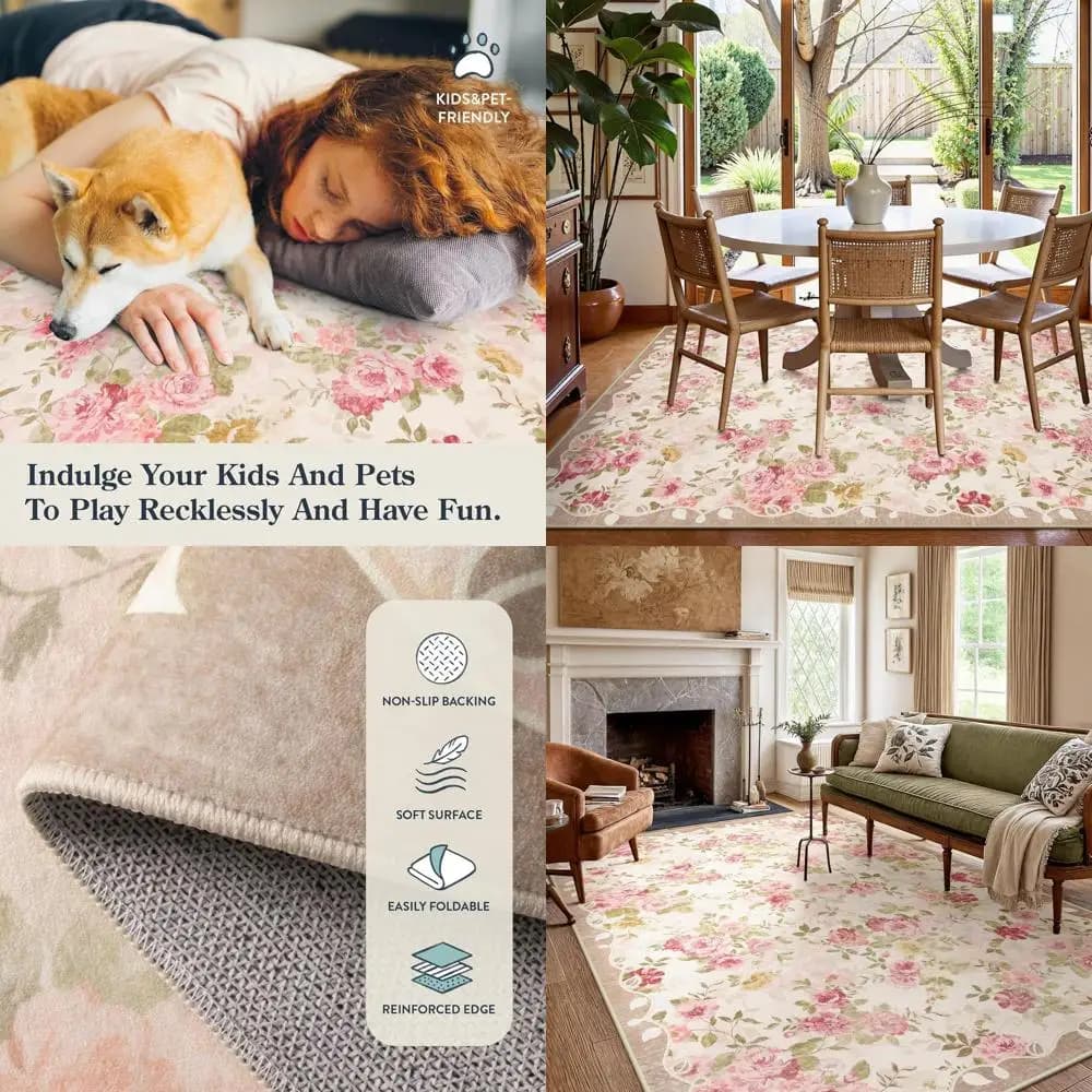 Washable 6x9 Carpet for Kids Room, Ultra-Slim Carpet for Games Room, Lunch Room, Dormitory (Beige)