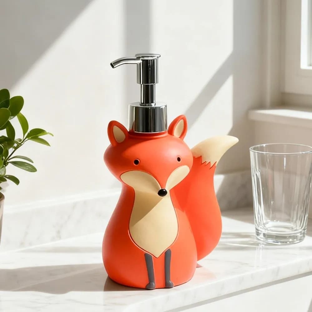 Dispenser di Sapone a Forma di Volpe, Design Animale, Ricaricabile, Bottiglia Decorativa da Collezione per Igienizzante Mani