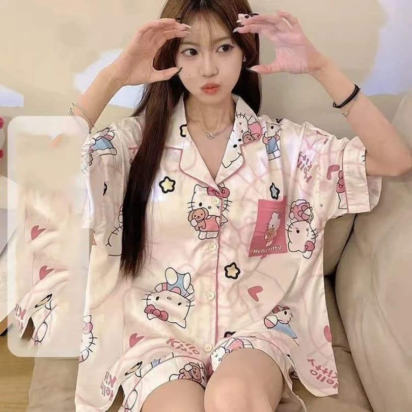 2026 HelloKitty Cat Sleepwear Women's Spring and Summer Short Sleeved Shorts Home Clothing Set