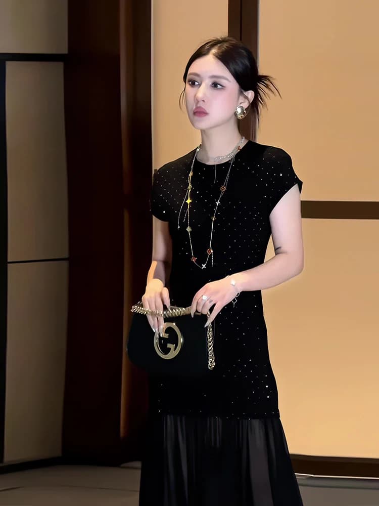 Black Mesh Splice Sequin T-Shirt Dress Women's Mid-Length Slimming Summer New Style Elegant Ladylike Polyester Short Sleeve