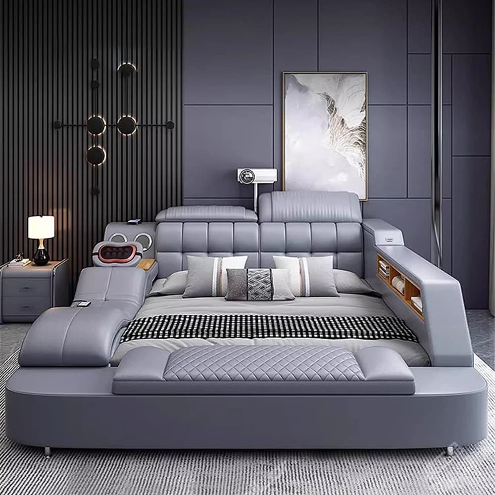 Linlamlim Letto King Size in vera pelle di lusso / Letto Tech Smart / Letti Ultimate multifunzionali / Lettino da massaggio con USB, Progetto