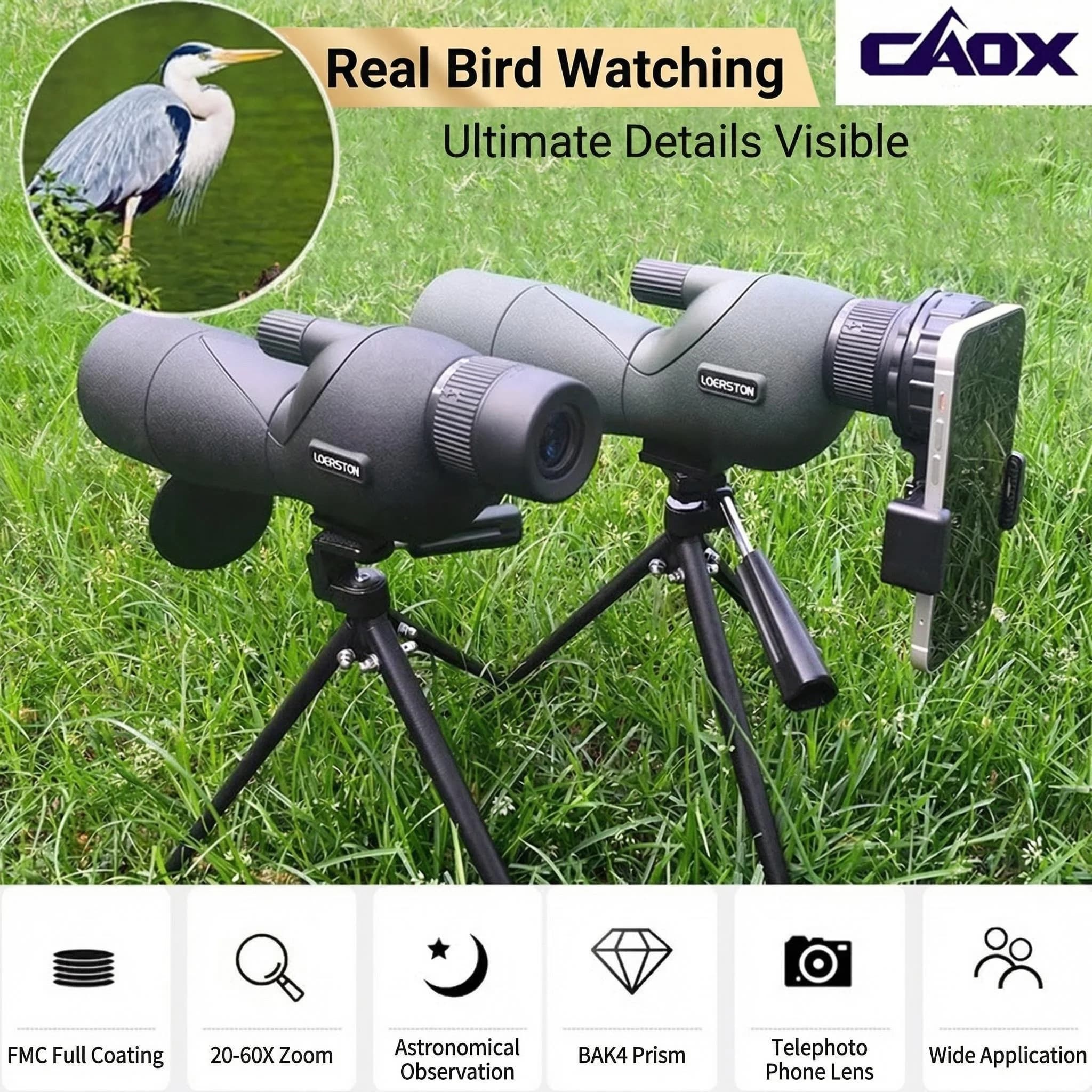 CAOX 25-75x60 ED HD Monocolo per Birdwatching con Prisma BAK4, Impermeabile e Antiappannamento per Campeggio e Osservazione Fauna Selvatica