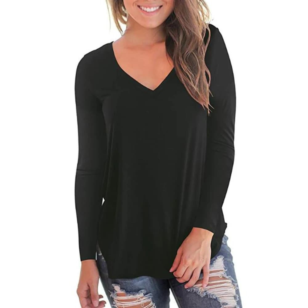 T-shirt da donna a maniche lunghe con scollo a v e scollo a v in tinta unita da donna nuova estate 2023