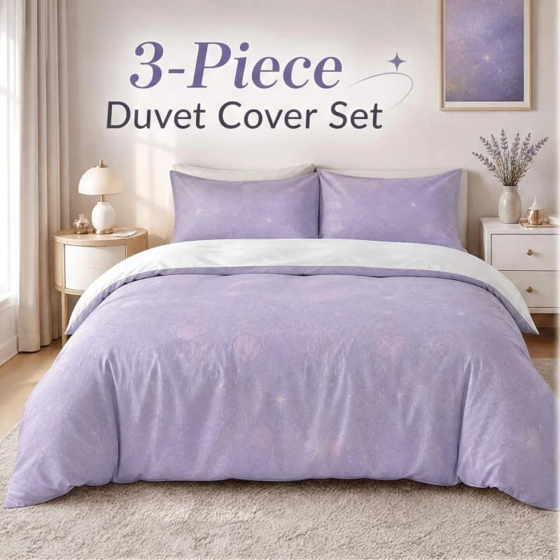 3PCS Duvet Cover, 1 Duvet + 2 Pillowcases (Without Filler), Pink Purple Starry Cherry Blossom Dreamy Theme, Soft Comfortable