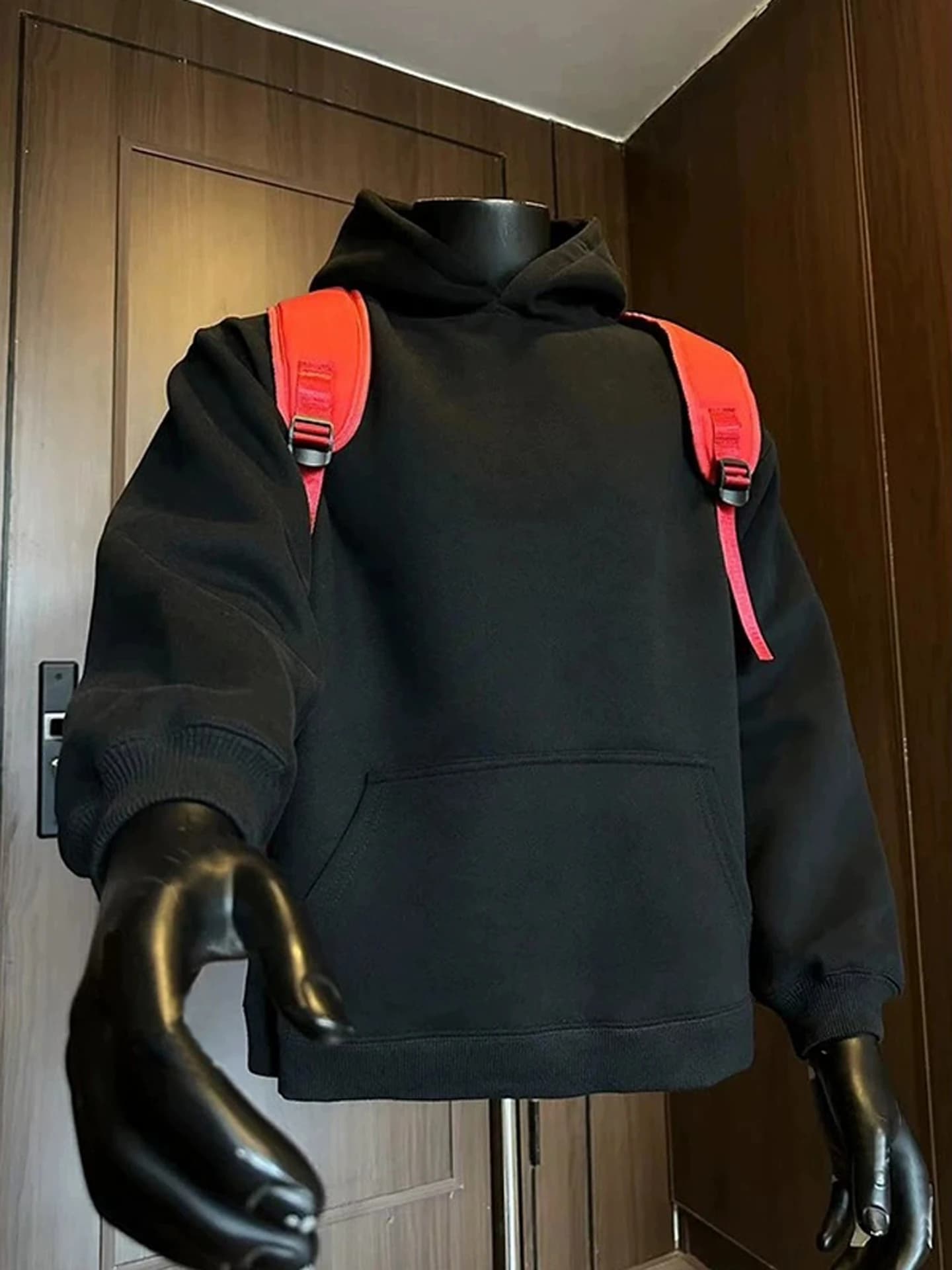 Black Boxy Oversize Hoodie Men's Autumn Heavyweight Hard And Stiff Layering American Style Outerwear Long Sleeve Short Length